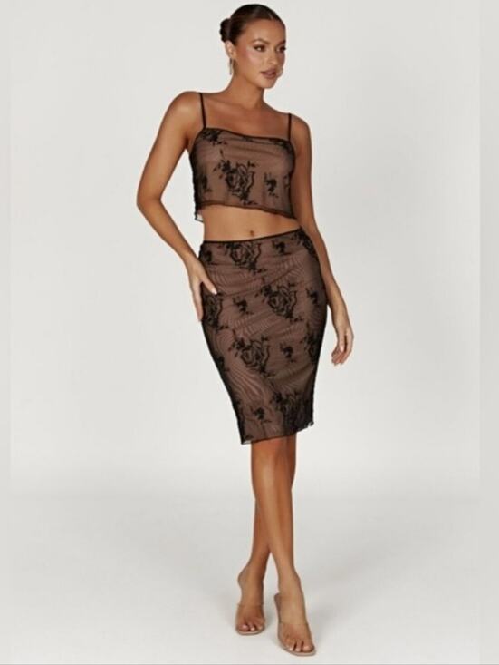 Meshki Dresses & Skirts - Meshki Xena Black Floral Embroidered Mesh Skirt Set